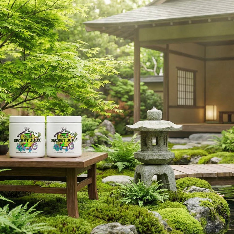 Secret Juice Matcha Hydrating Powder powder container on table in japanese tea garden l 1