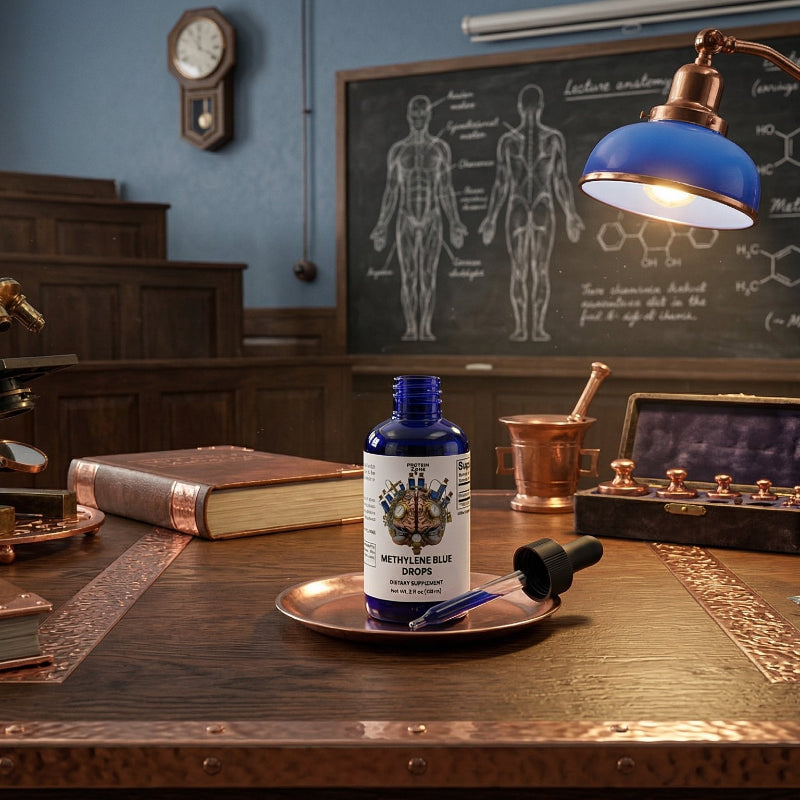 Methylene Blue Drops Cognitive Focus & Mitochondrial Vitality dropper bottle on table in medical school classroom