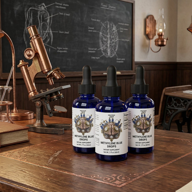 Methylene Blue Drops Cognitive Focus & Mitochondrial Vitality dropper bottle on table in medical school classroom 1