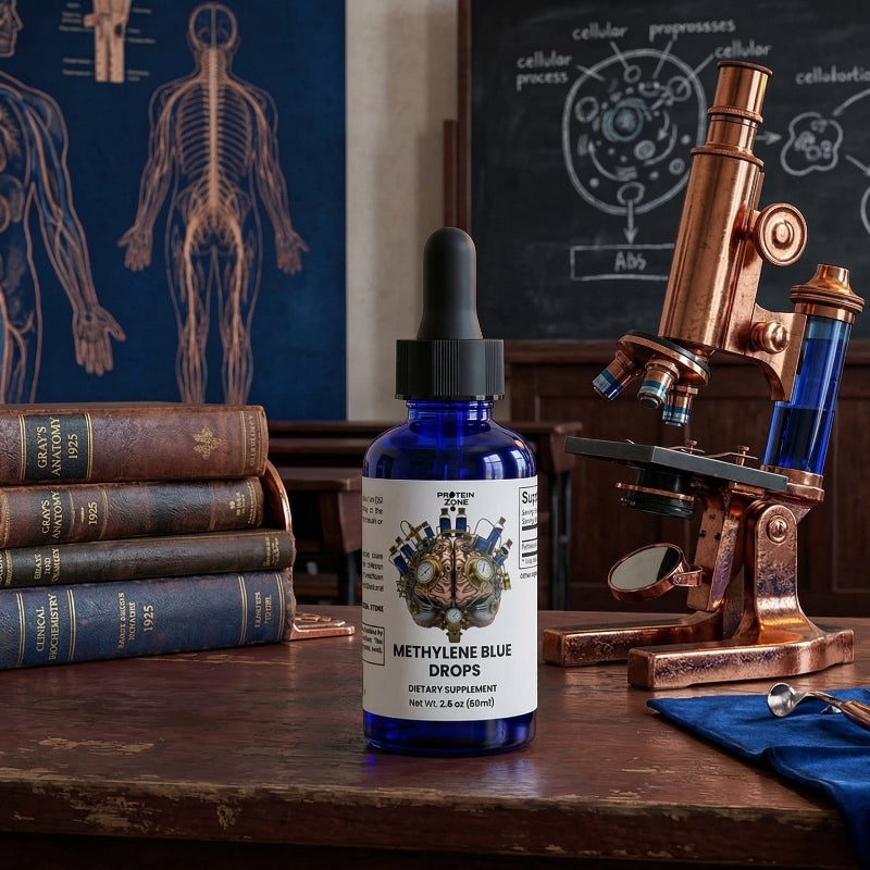 Methylene Blue Drops Cognitive Focus & Mitochondrial Vitality dropper bottle on table in medical school classroom 2