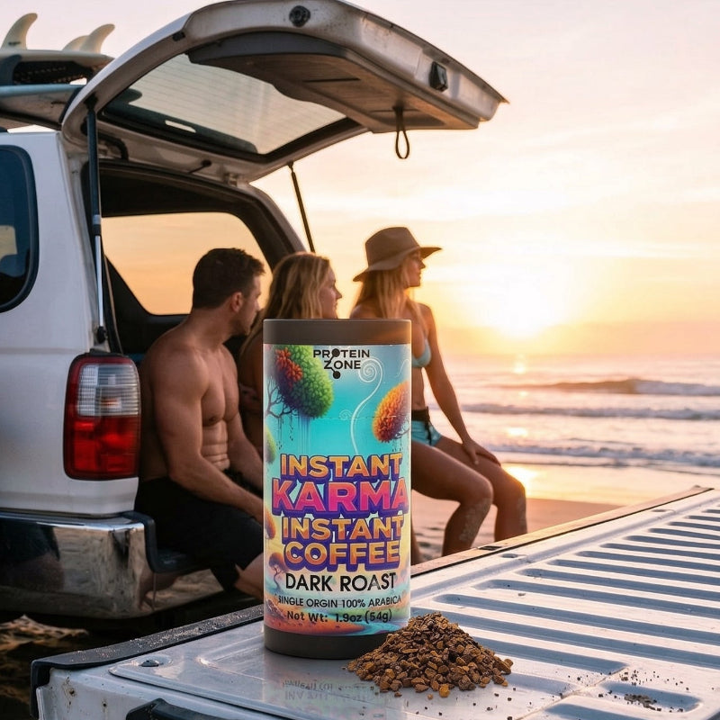 Sweet Brew Instant Coffee Single-Origin Papua New Guinea Dark Roast coffee bag on tail gate of toyota 4runner on