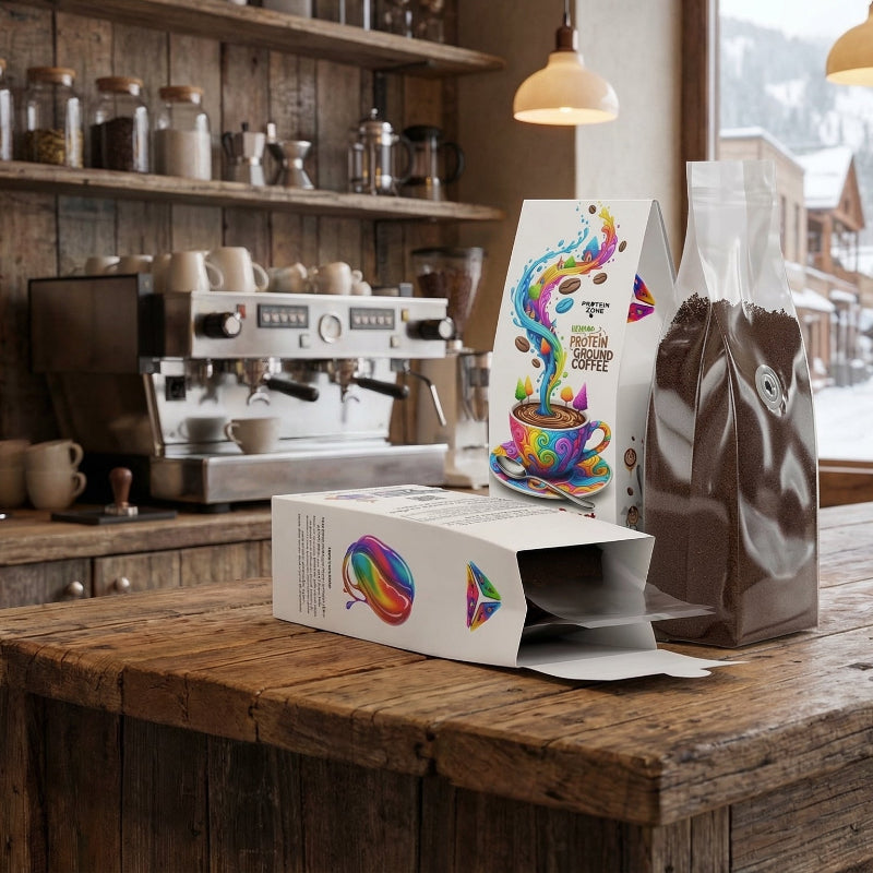 Hemp Harvest Coffee Medium Roast with Plant-Based Hemp Protein coffee bag on wooden counter of town r