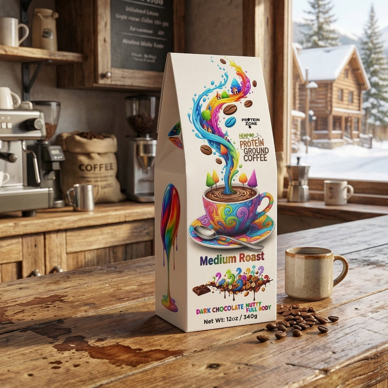 Hemp Harvest Coffee Medium Roast with Plant-Based Hemp Protein coffee bag on wooden counter of town r 1