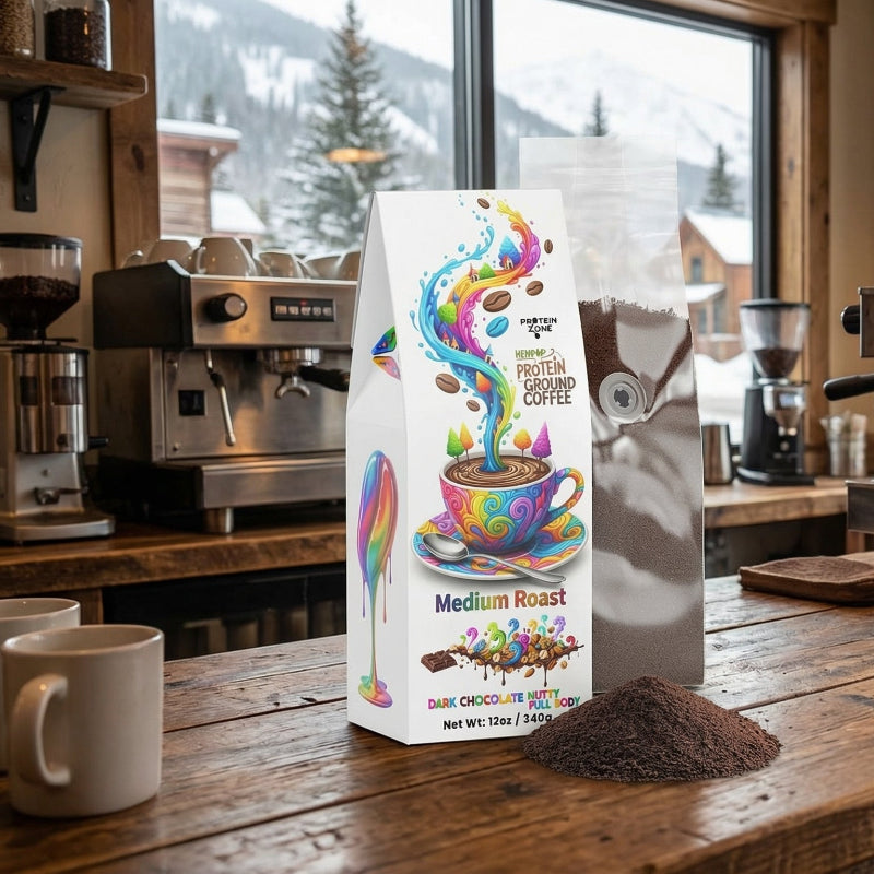 Hemp Harvest Coffee Medium Roast with Plant-Based Hemp Protein coffee bag on wooden counter of town r 2