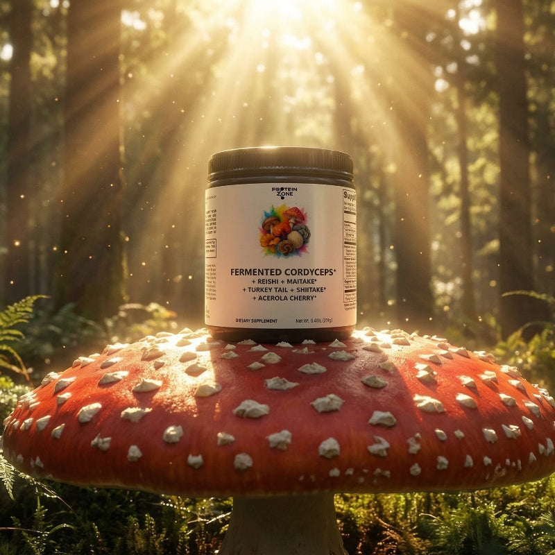 Fermented Mushroom Complex Organic 7-Mushroom Immunity Blend supplement bottle on top of large red spotted mushroom