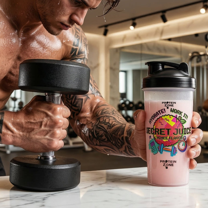 Secret Juice Lychee Hydrating Powder powder container on white marble counter of l 2
