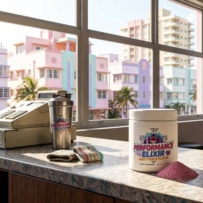 Performance Elixir Fruit Punch Energy and Focus Powder powder container on counter of gym in miami be 1