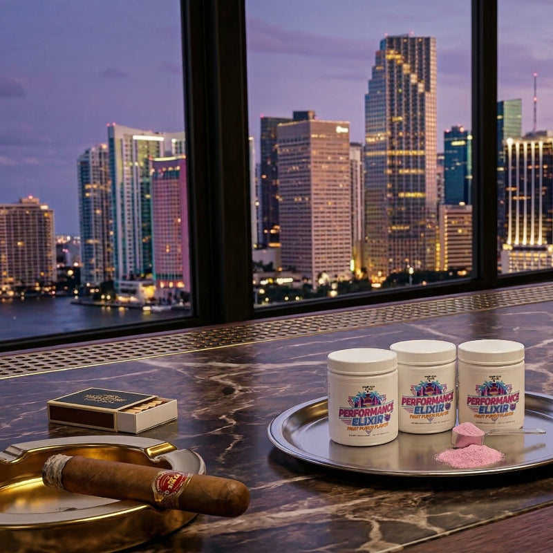 Performance Elixir Fruit Punch Energy and Focus Powder powder container on bar at lounge in miami o 1