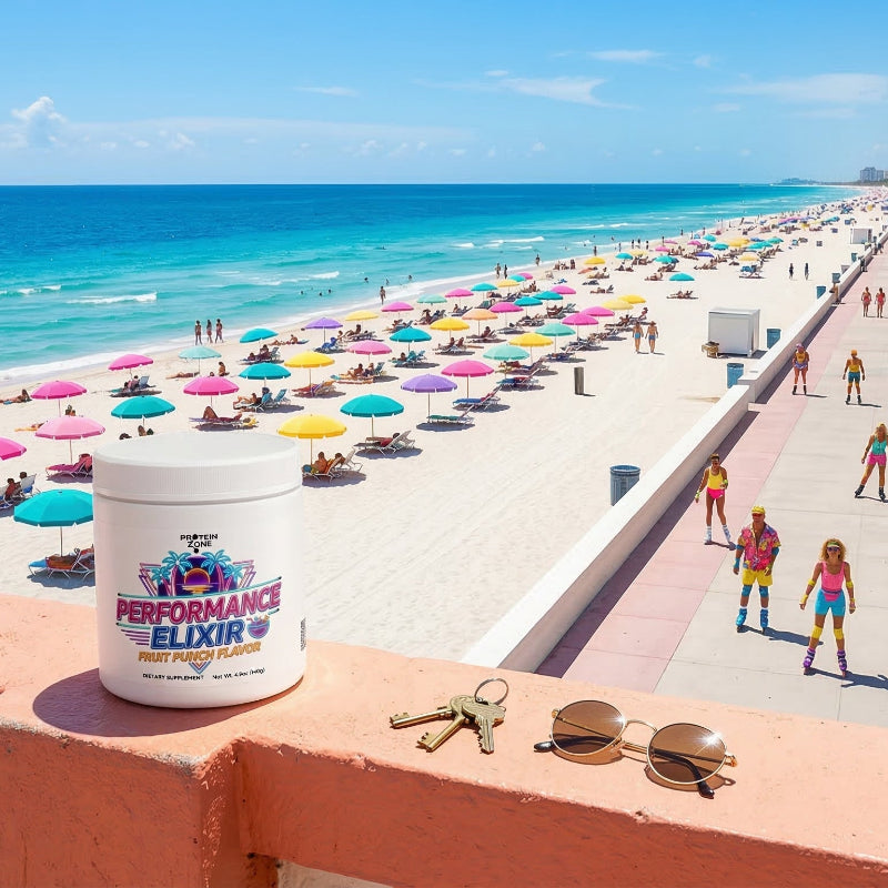 Performance Elixir Fruit Punch Energy and Focus Powder powder container on wall of miami beach overlo 1