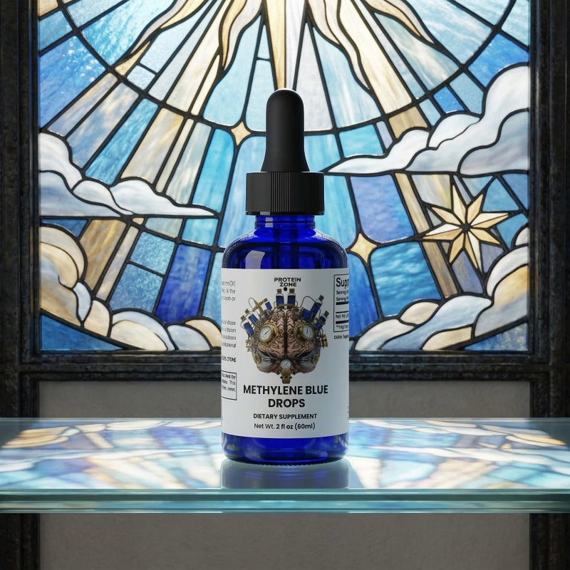 Methylene Blue Drops Cognitive Focus & Mitochondrial Vitality dropper bottle on glass shelf heavenly blue stained gla