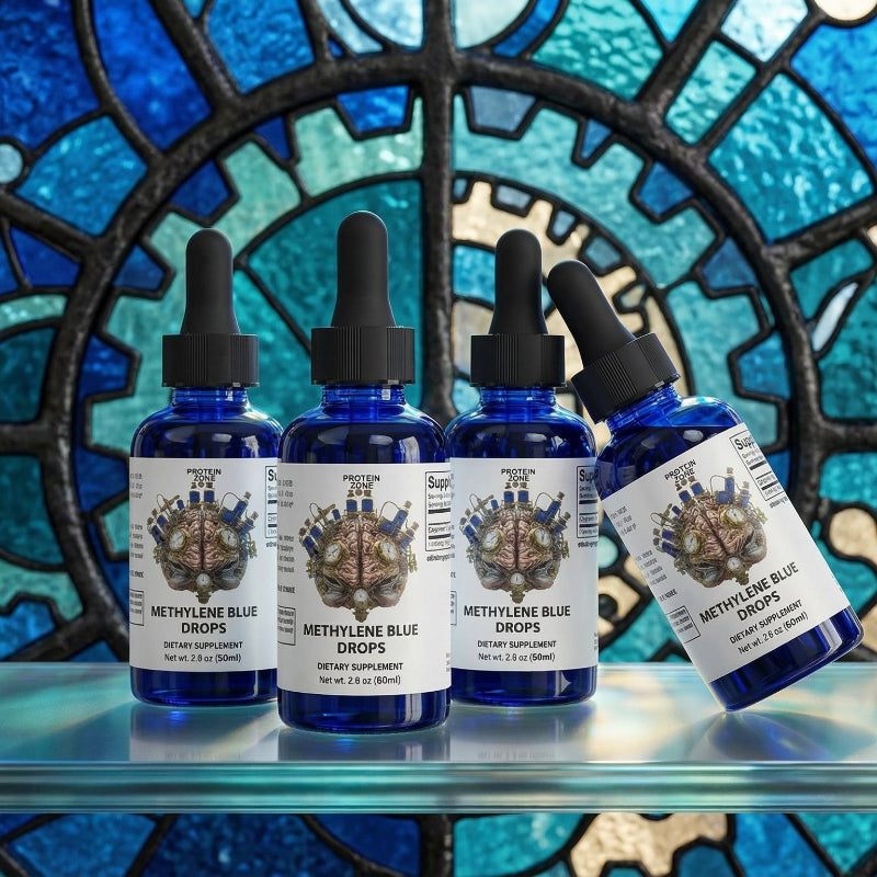 Methylene Blue Drops Cognitive Focus & Mitochondrial Vitality dropper bottle on glass shelf heavenly blue stained gla 1