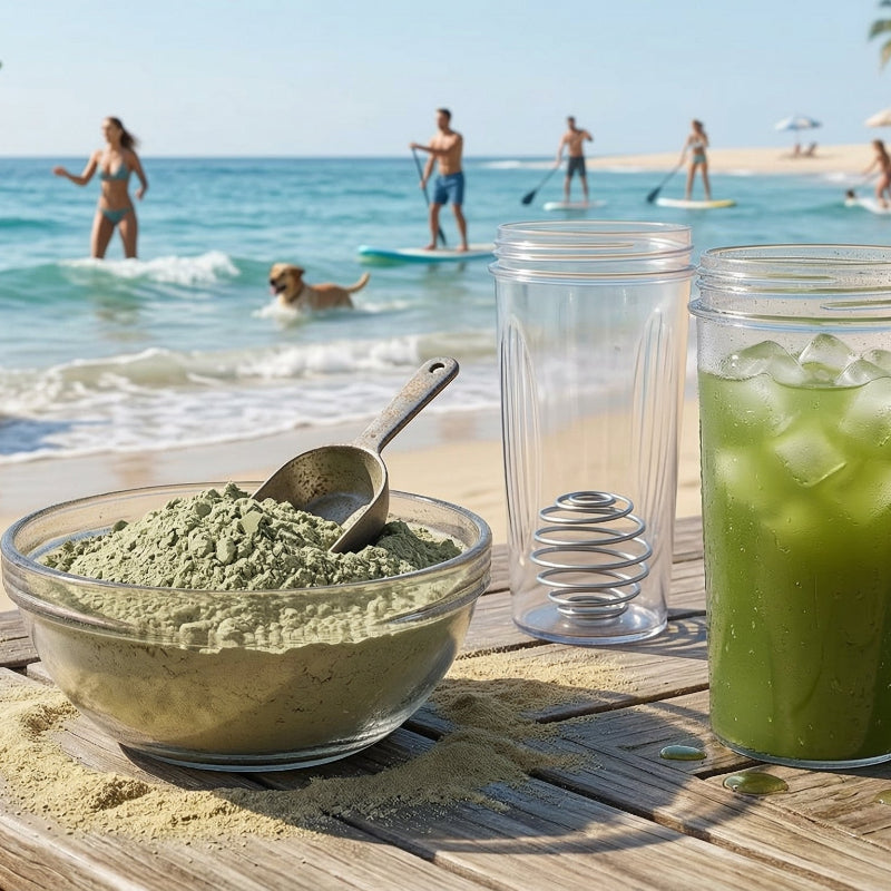 Green Superfood Energy Complex powder container on table on beach with shaker bottle 2