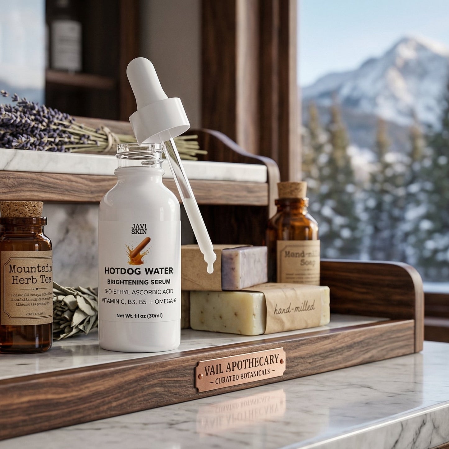 Hotdog Water Vitamin C Serum Antioxidant Brightening Face Serum serum bottle on counter on wood and 1