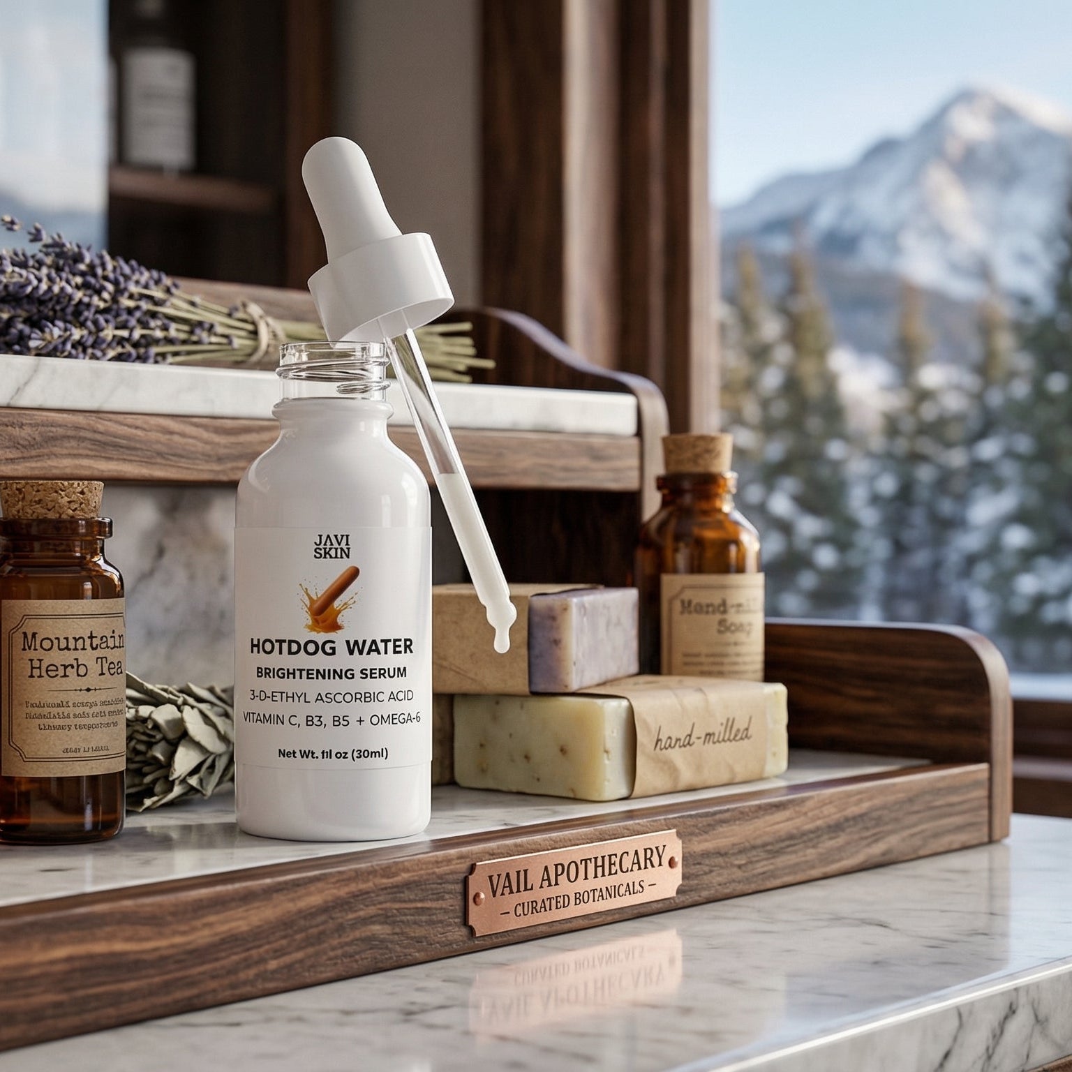Hotdog Water Vitamin C Serum Antioxidant Brightening Face Serum serum bottle on counter on wood and 1