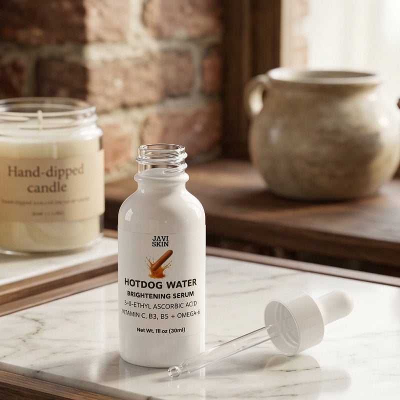 Hotdog Water Vitamin C Serum Antioxidant Brightening Face Serum serum bottle on counter on wood and 2