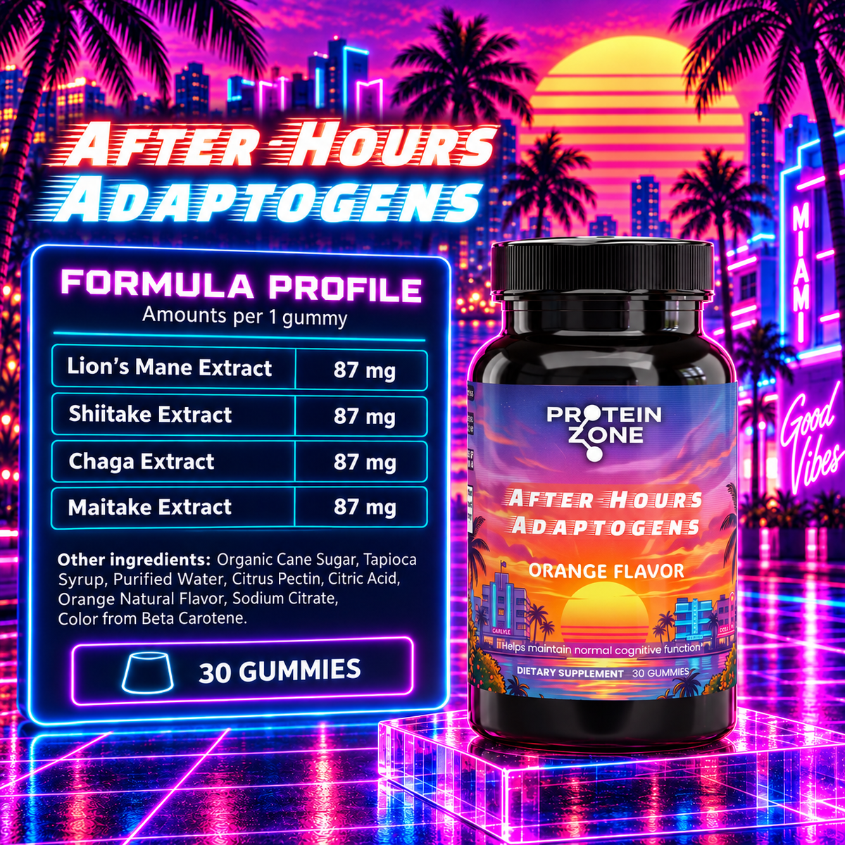 After-Hours Adaptogens — Formula Profile: four mushroom extracts, 87 mg each per gummy