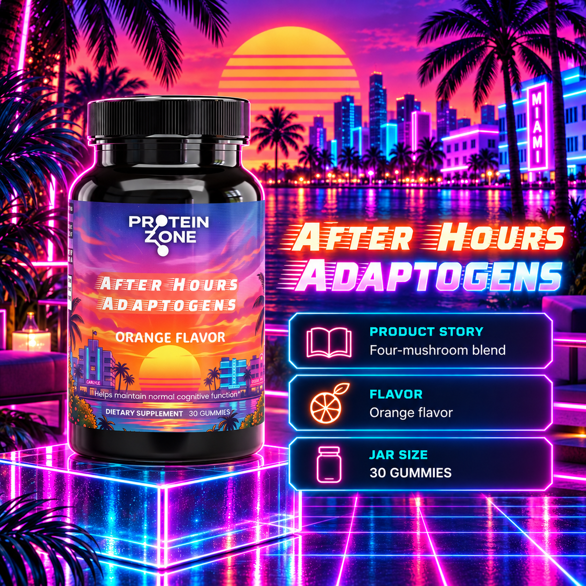 After-Hours Adaptogens — Product Story: four-mushroom blend, orange flavor, 30 gummies