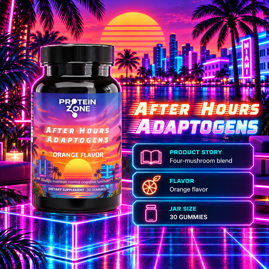 After-Hours Adaptogens — Product Story: four-mushroom blend, orange flavor, 30 gummies
