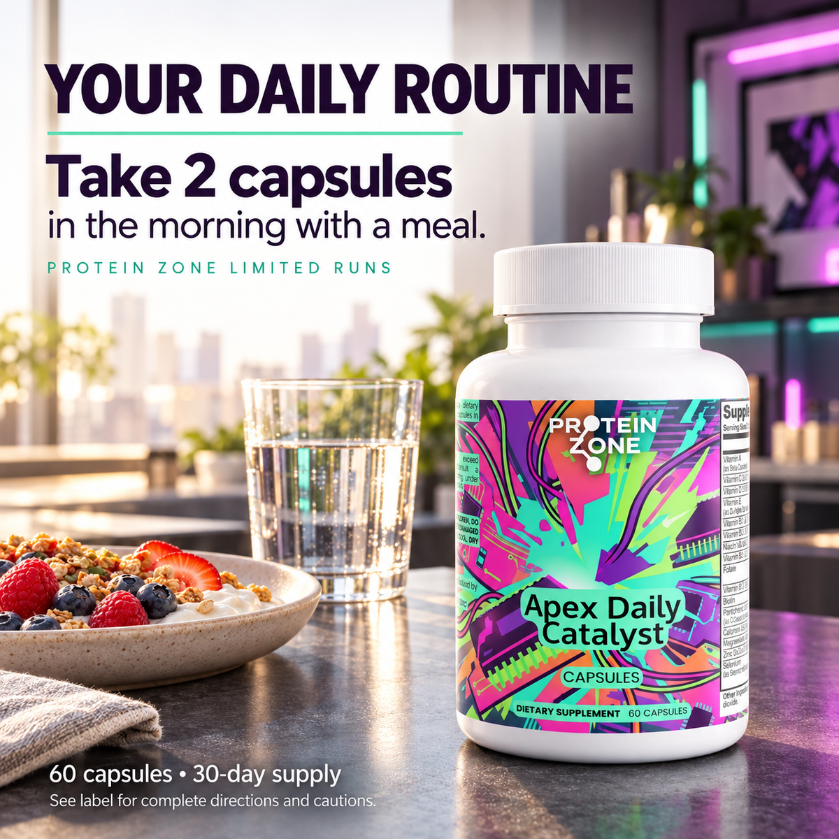 Apex Daily Catalyst daily routine: take 2 capsules in the morning with a meal; 60 capsules, 30-day supply; see label for directions and cautions