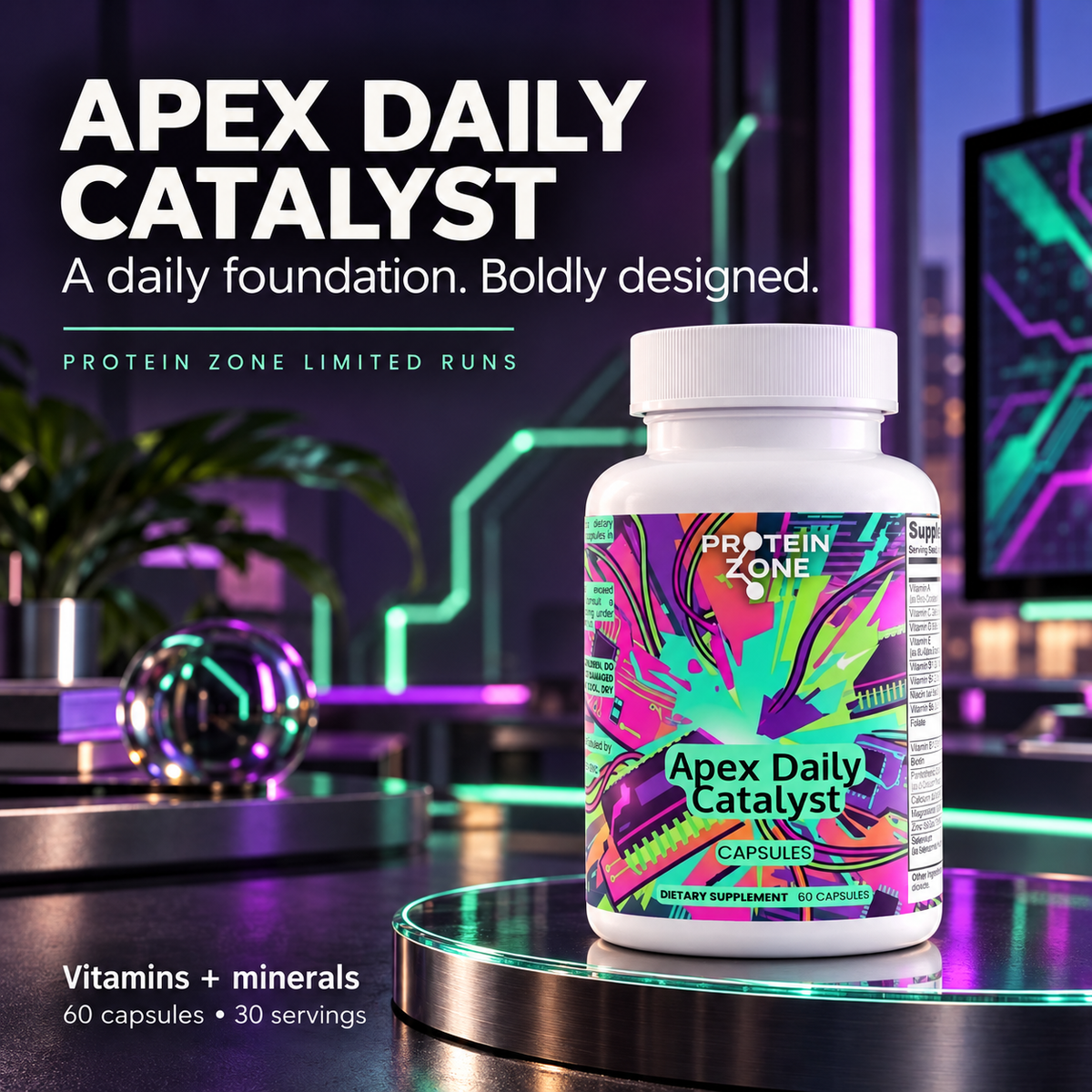 Apex Daily Catalyst — Protein Zone Limited Runs neon circuit-inspired product scene; vitamins and minerals, 60 capsules and 30 servings