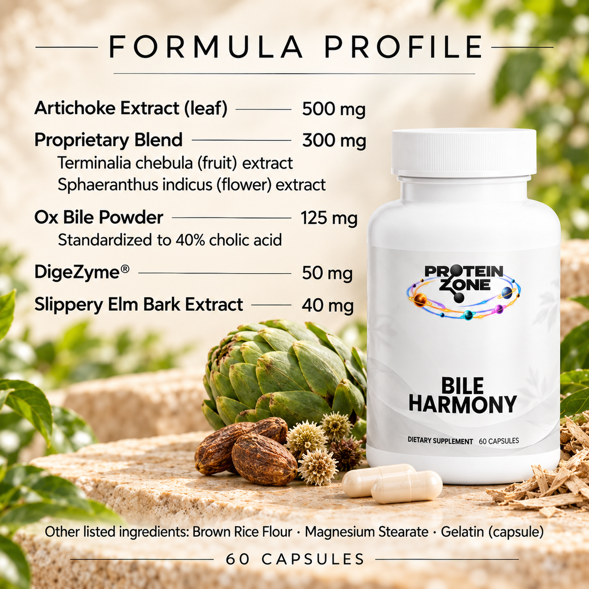 Bile Harmony formula profile — artichoke, ox bile, enzymes, and botanicals