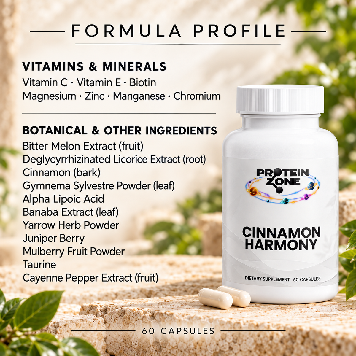 Cinnamon Harmony formula profile — vitamins, minerals, and botanical blend
