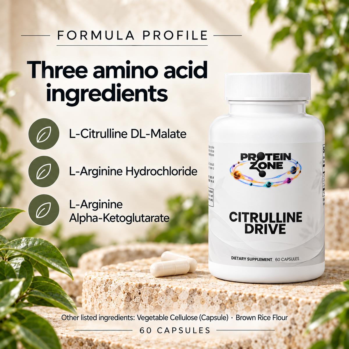 Protein Zone Citrulline Drive formula in cream travertine and greenery