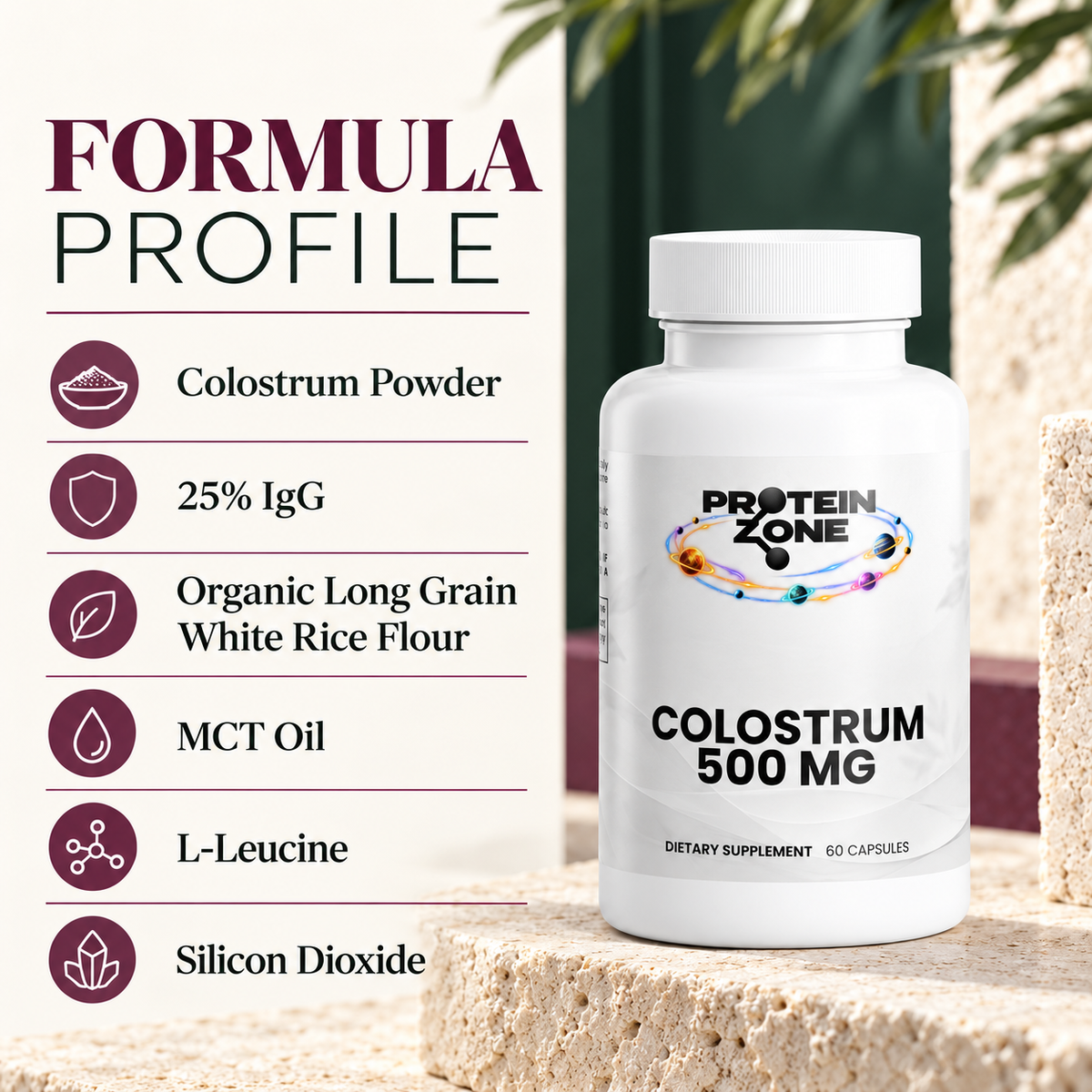 Colostrum 500 mg formula profile showing the listed ingredients.