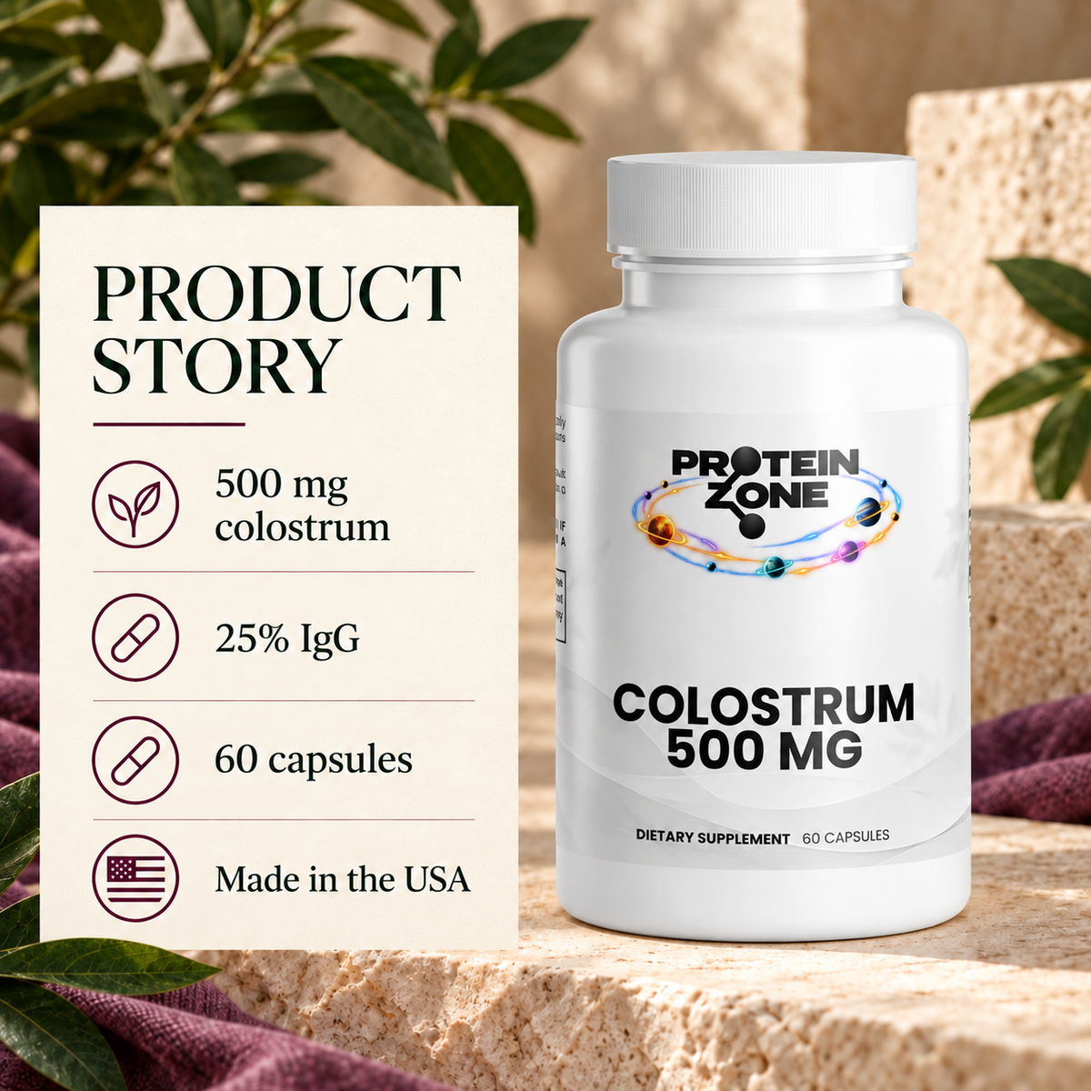 Colostrum 500 mg product story: 500 mg colostrum, 25% IgG, 60 capsules, made in the USA.