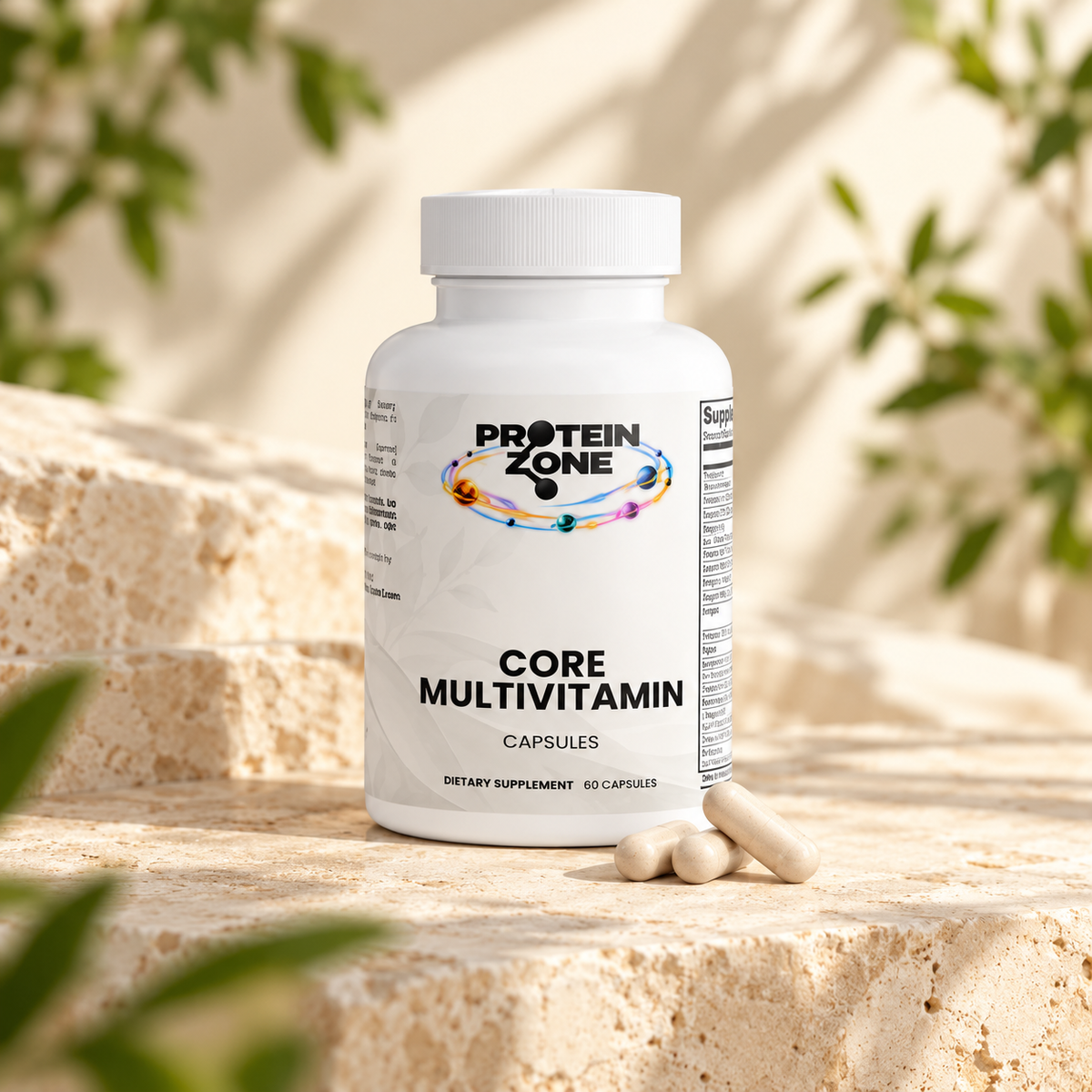 Core Multivitamin bottle on warm limestone with soft greenery