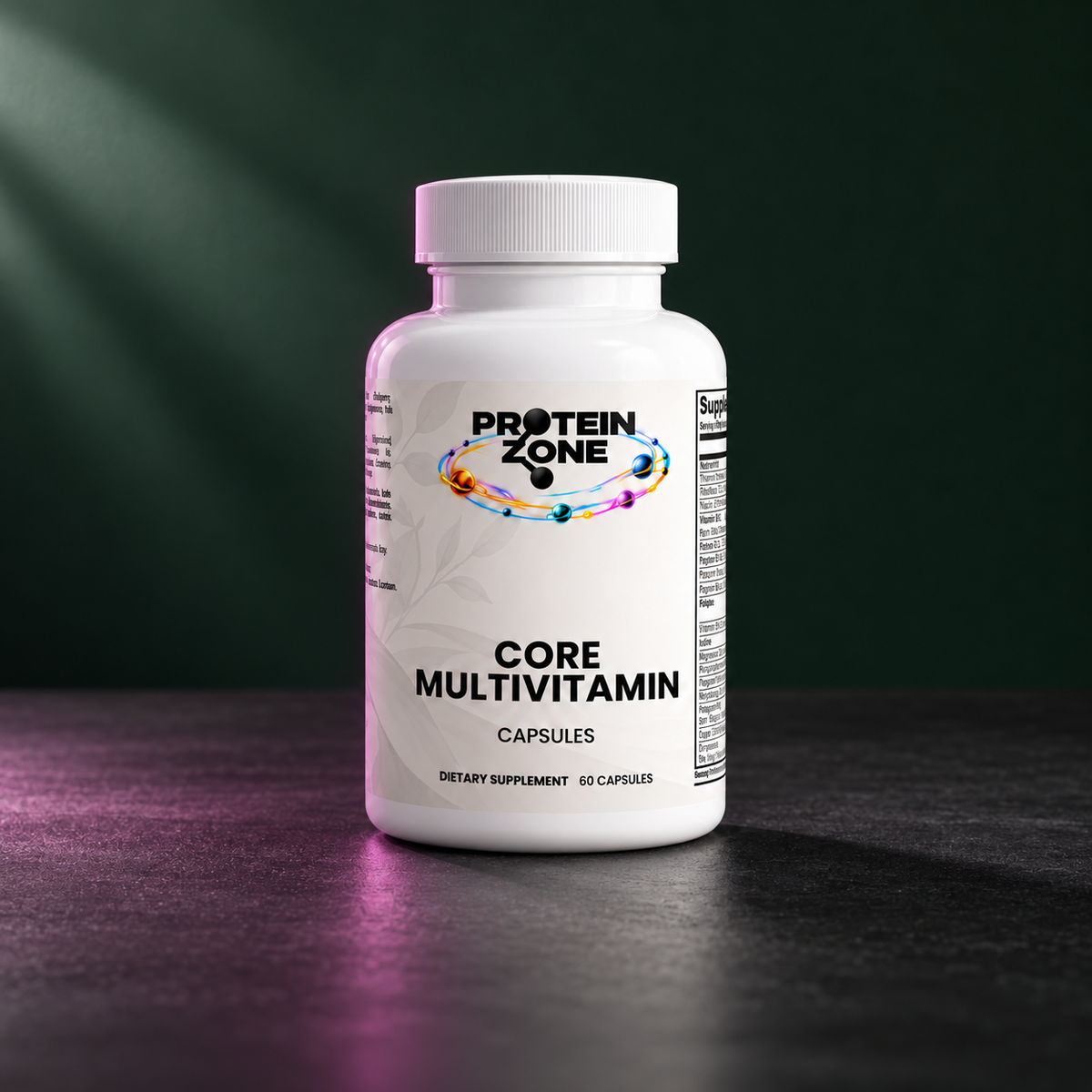 Core Multivitamin bottle in a dark green studio setting