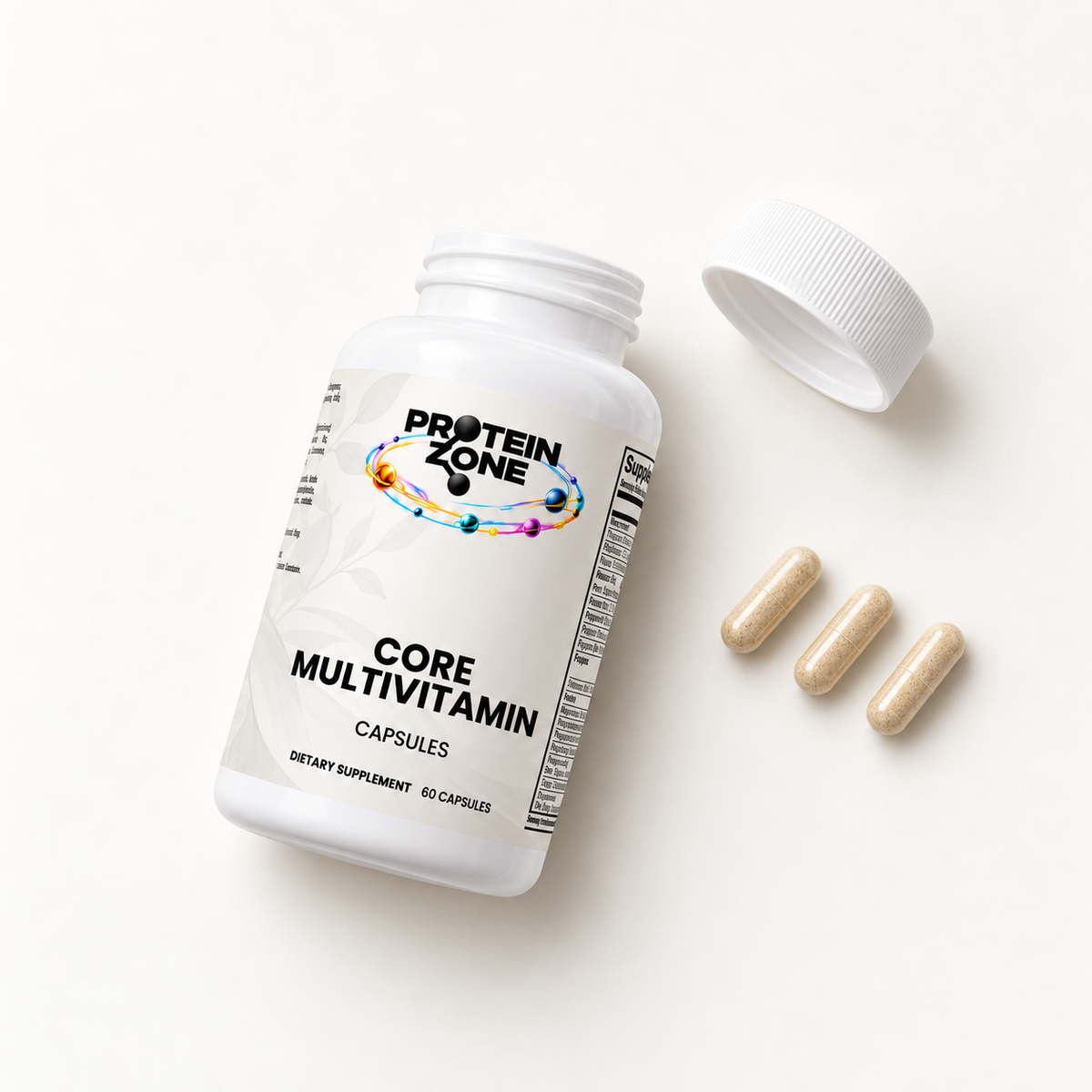 Overhead flat lay of Core Multivitamin bottle and capsules