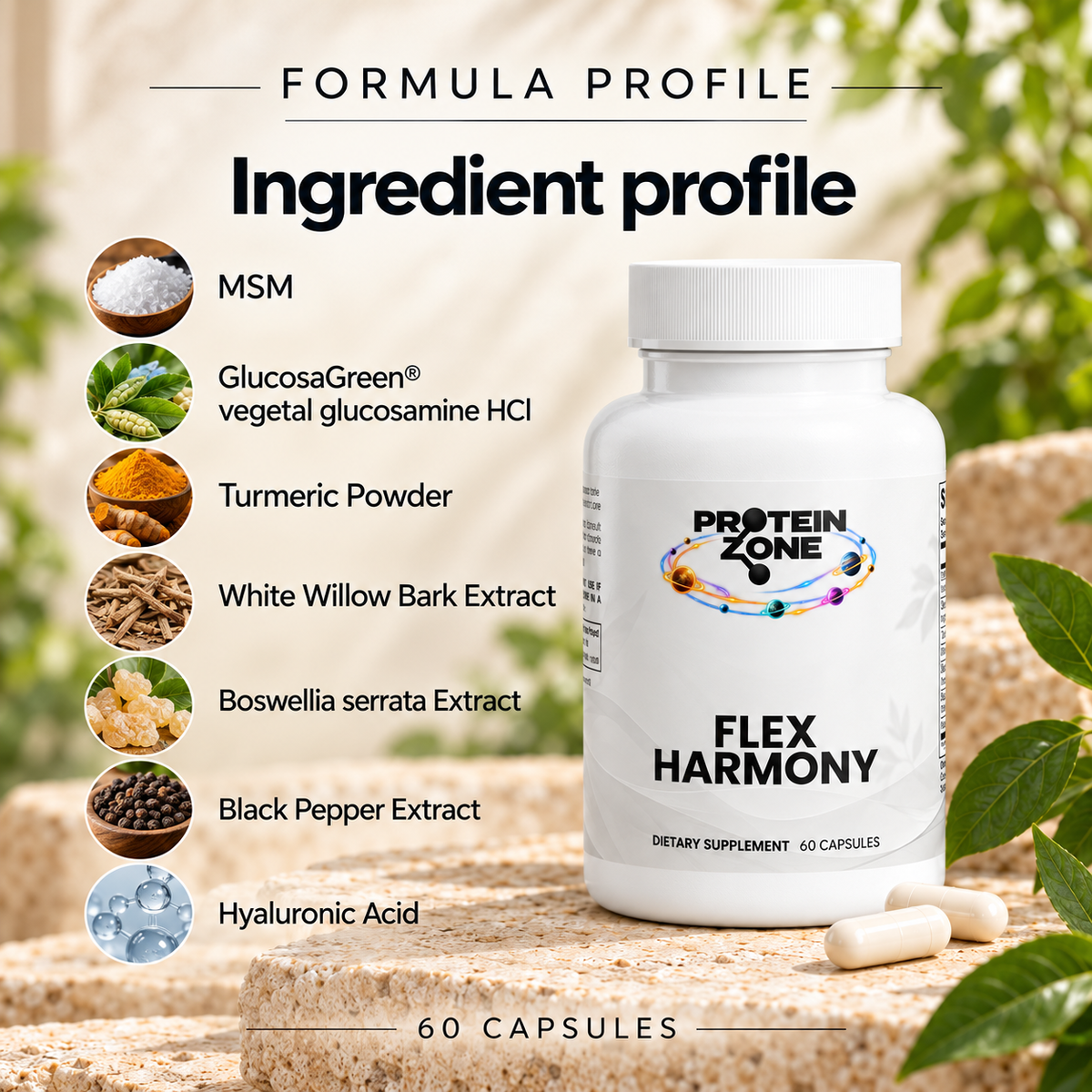 Protein Zone Flex Harmony formula profile — seven featured ingredients