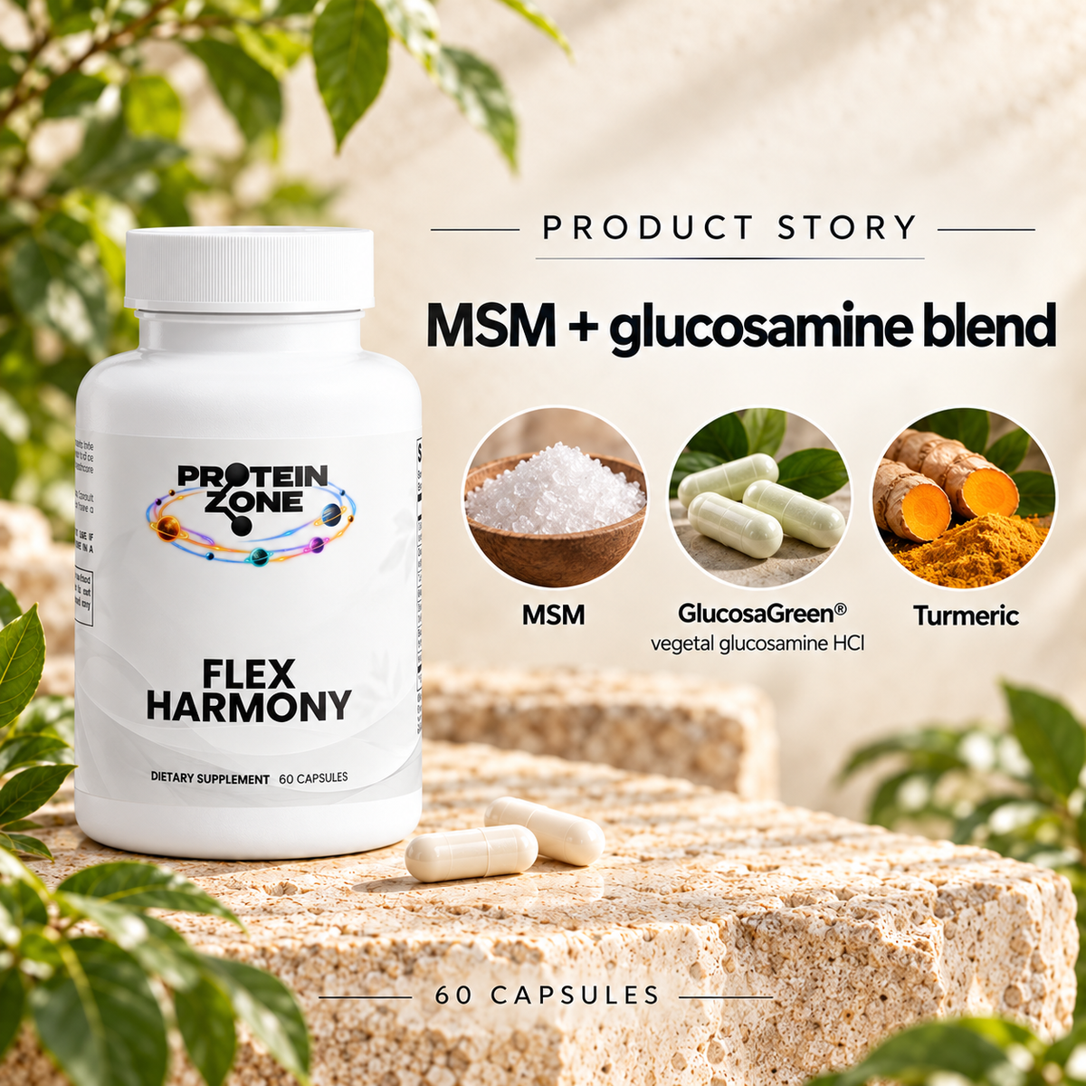 Protein Zone flex Harmony story — cream travertine and greenery