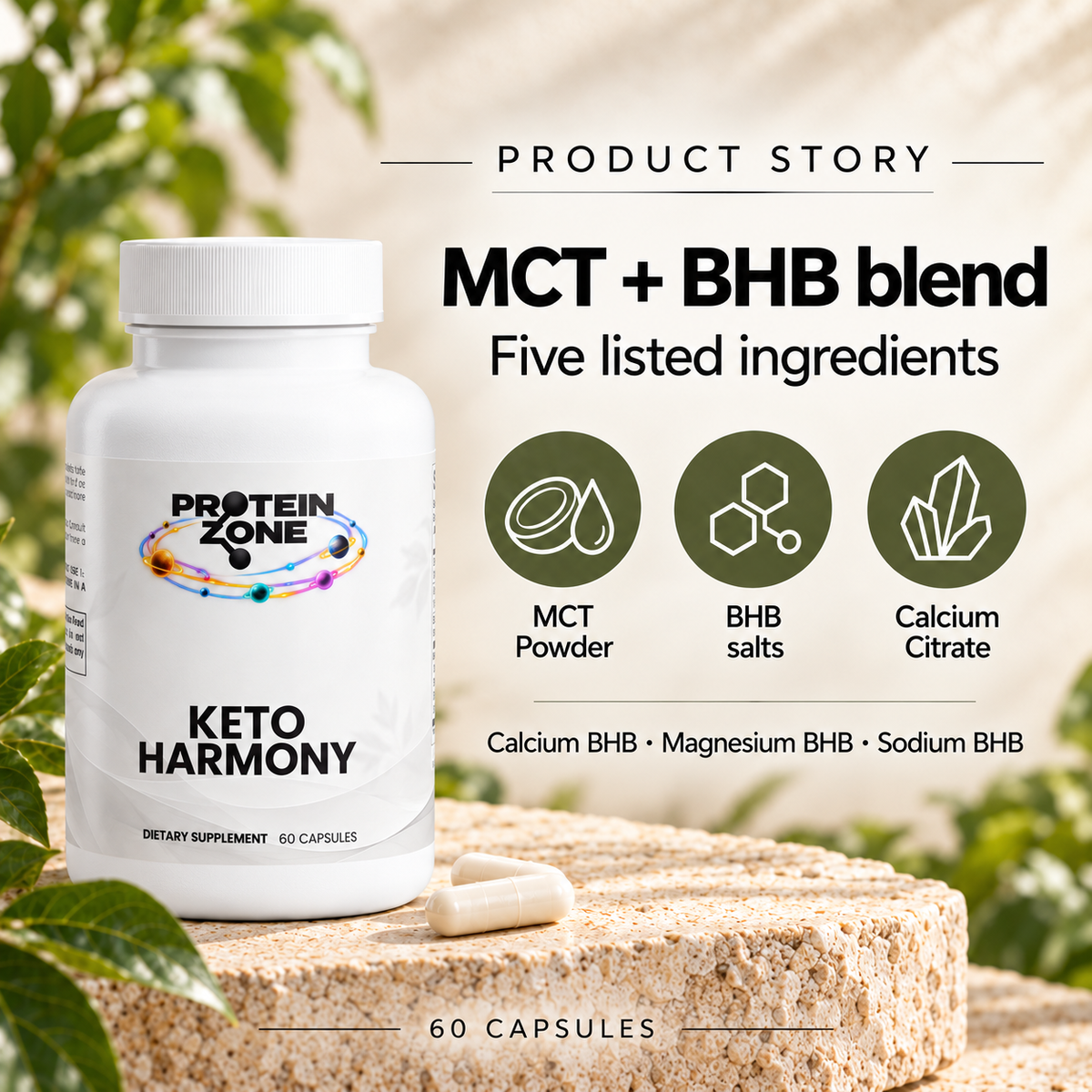 Protein Zone Keto Harmony product story — MCT and BHB blend