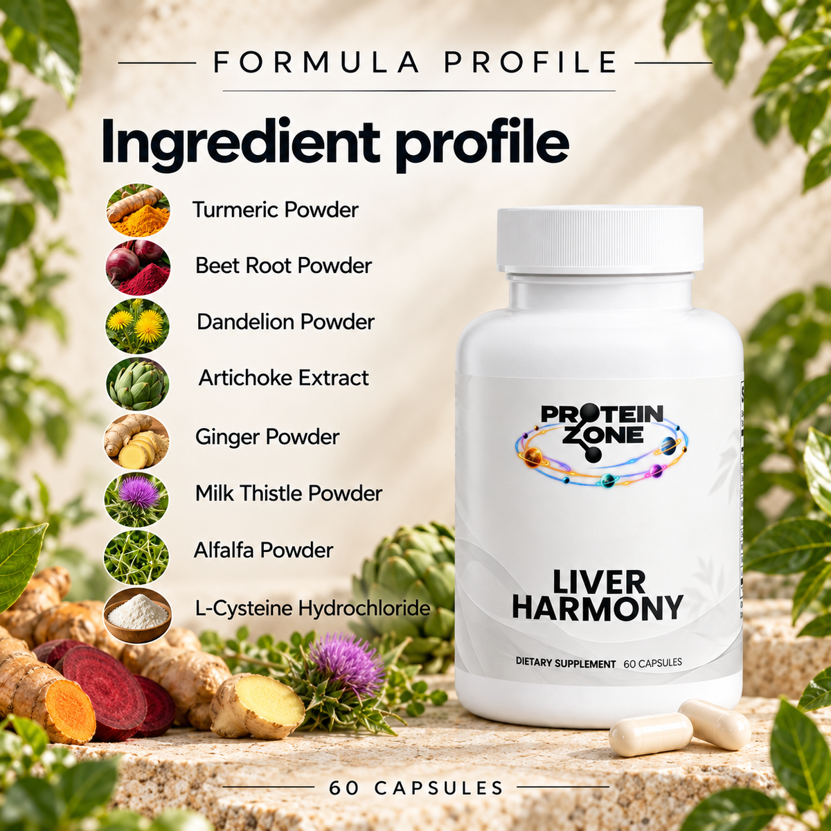 Protein Zone Liver Harmony formula — cream travertine and greenery