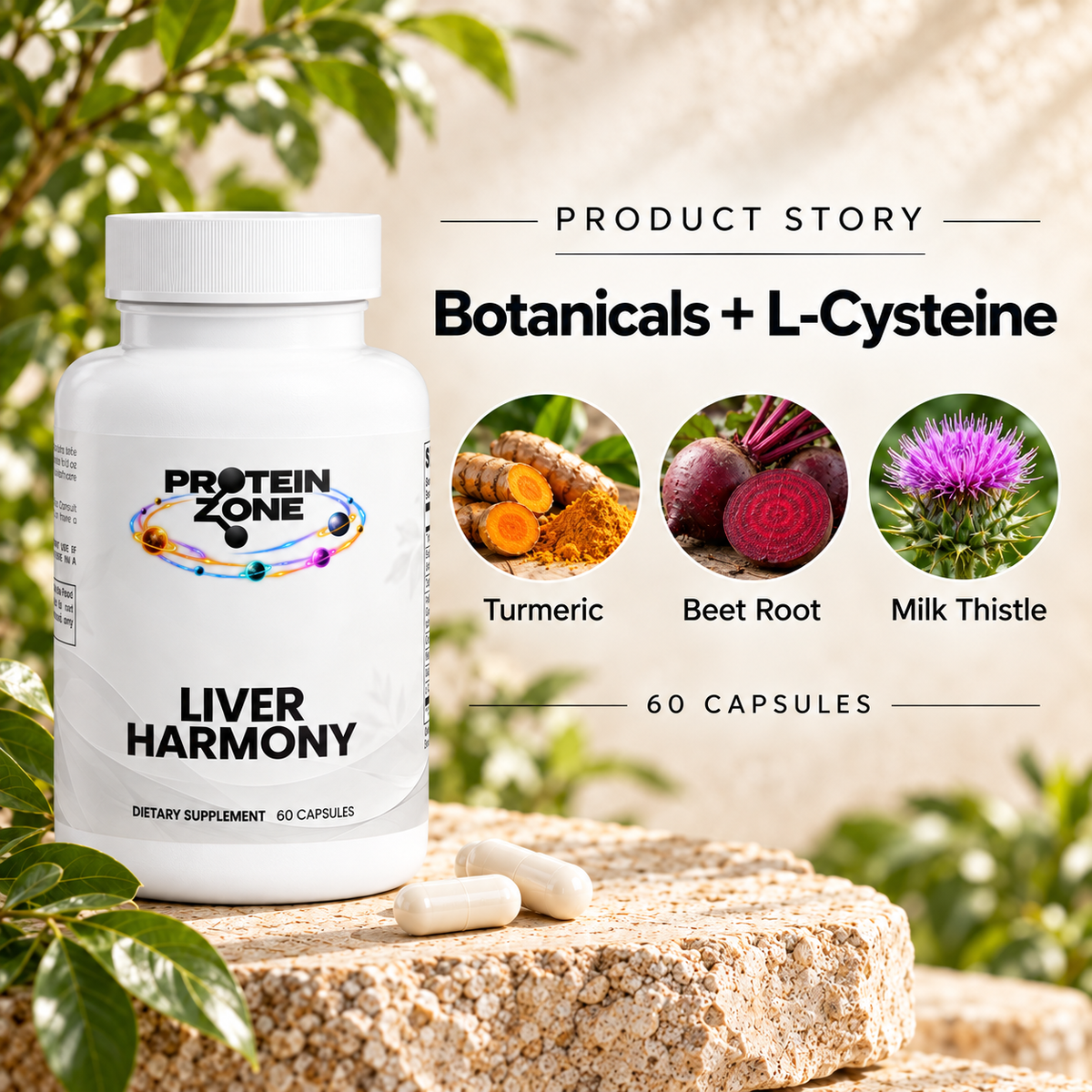 Protein Zone Liver Harmony story — cream travertine and greenery