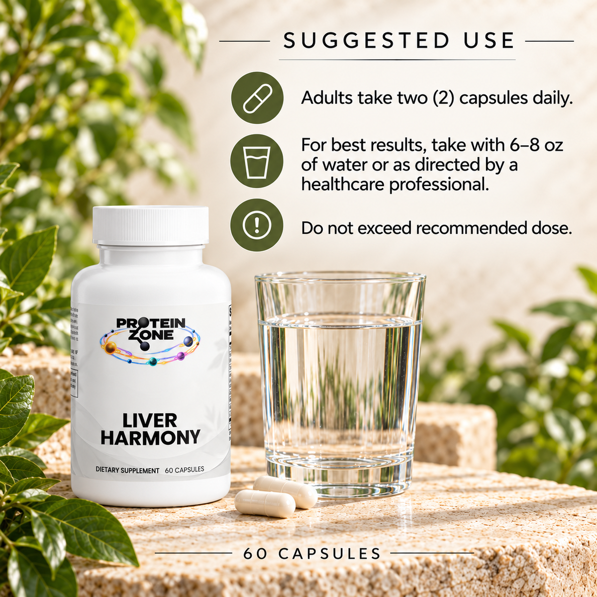 Protein Zone Liver Harmony use — cream travertine and greenery