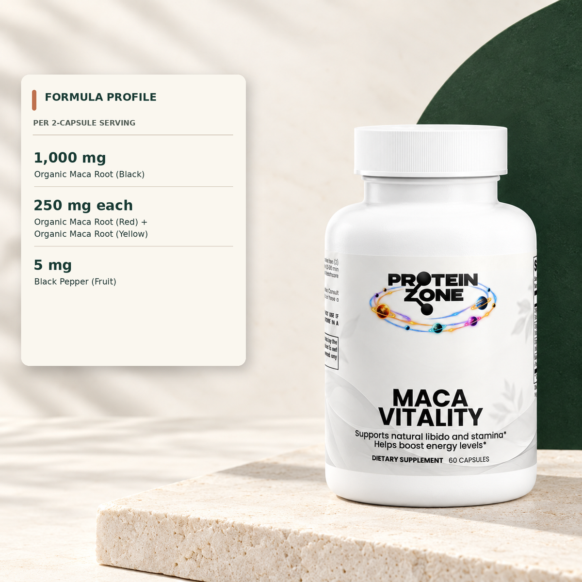 Maca Vitality formula profile with amounts per two-capsule serving