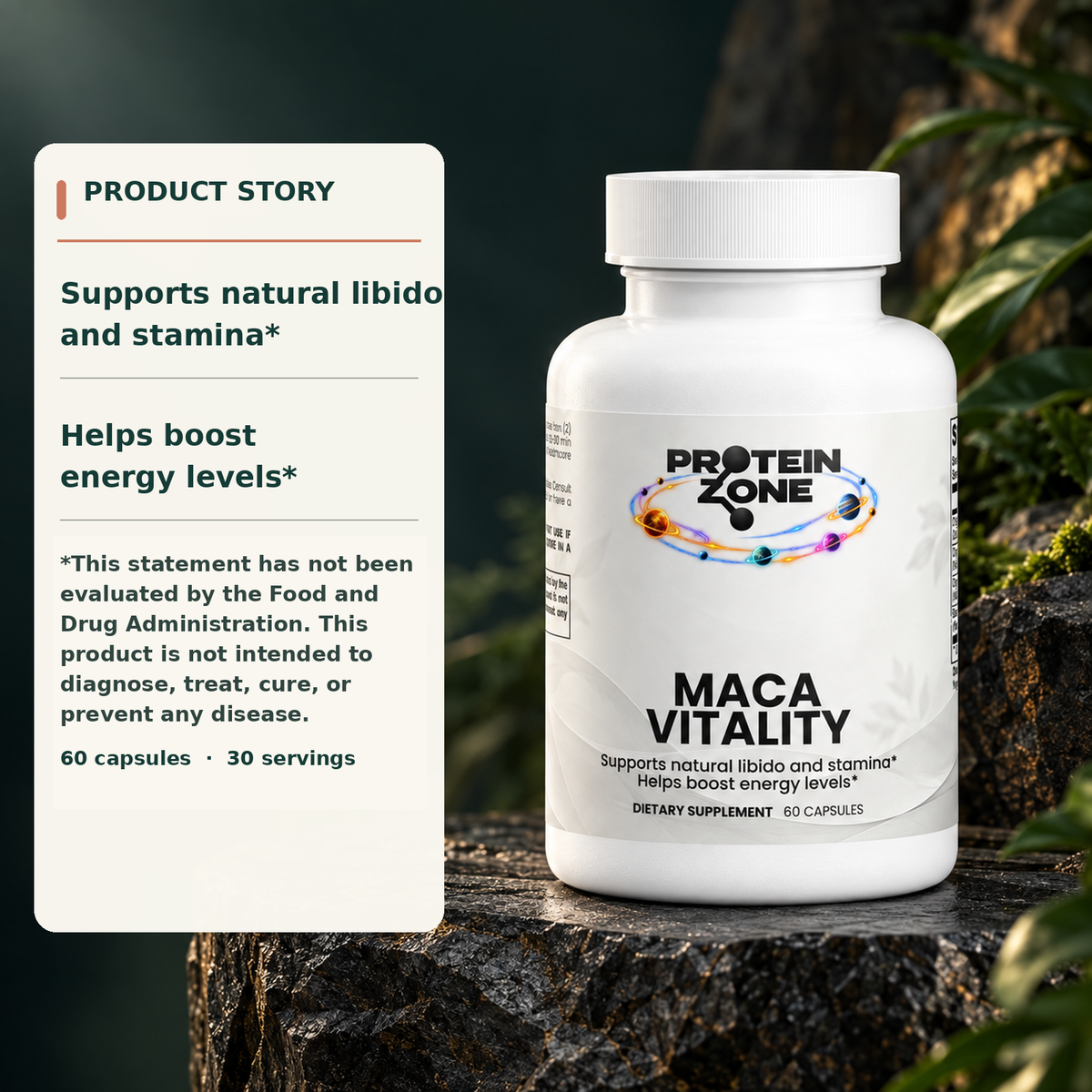 Maca Vitality bottle with product story callouts and supplement disclaimer