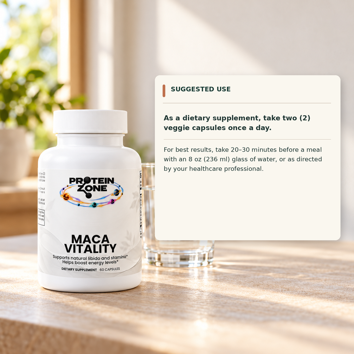 Maca Vitality bottle with suggested use and daily serving directions