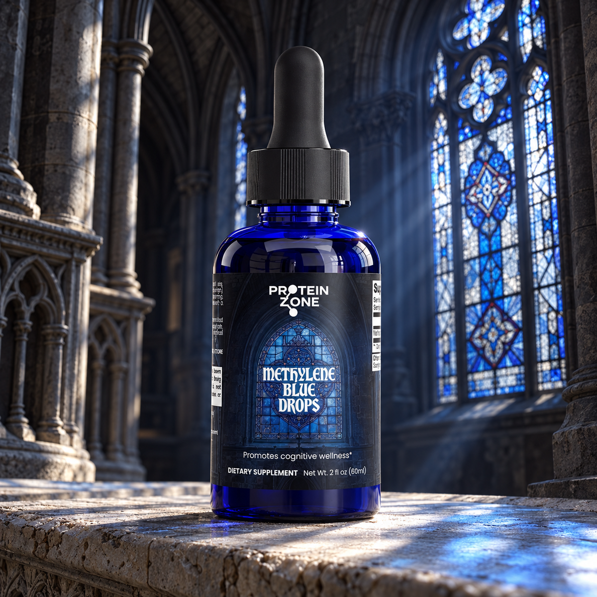 Protein Zone Methylene Blue Drops bottle beside blue stained glass in a Gothic church
