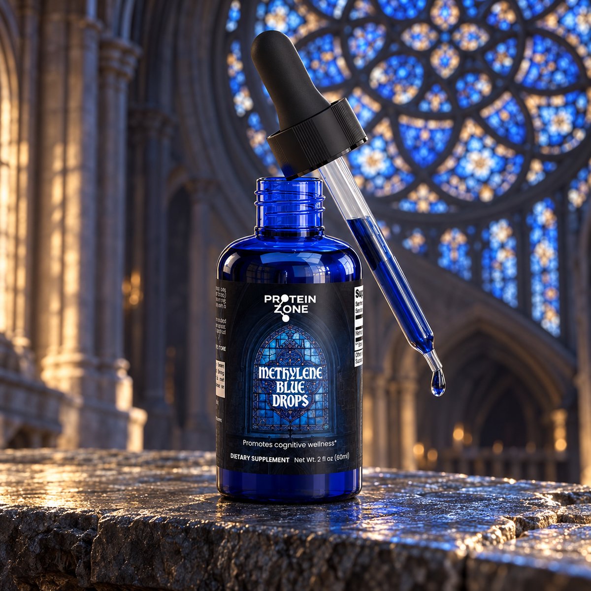 Protein Zone Methylene Blue Drops bottle and raised dropper in front of a blue rose stained-glass window