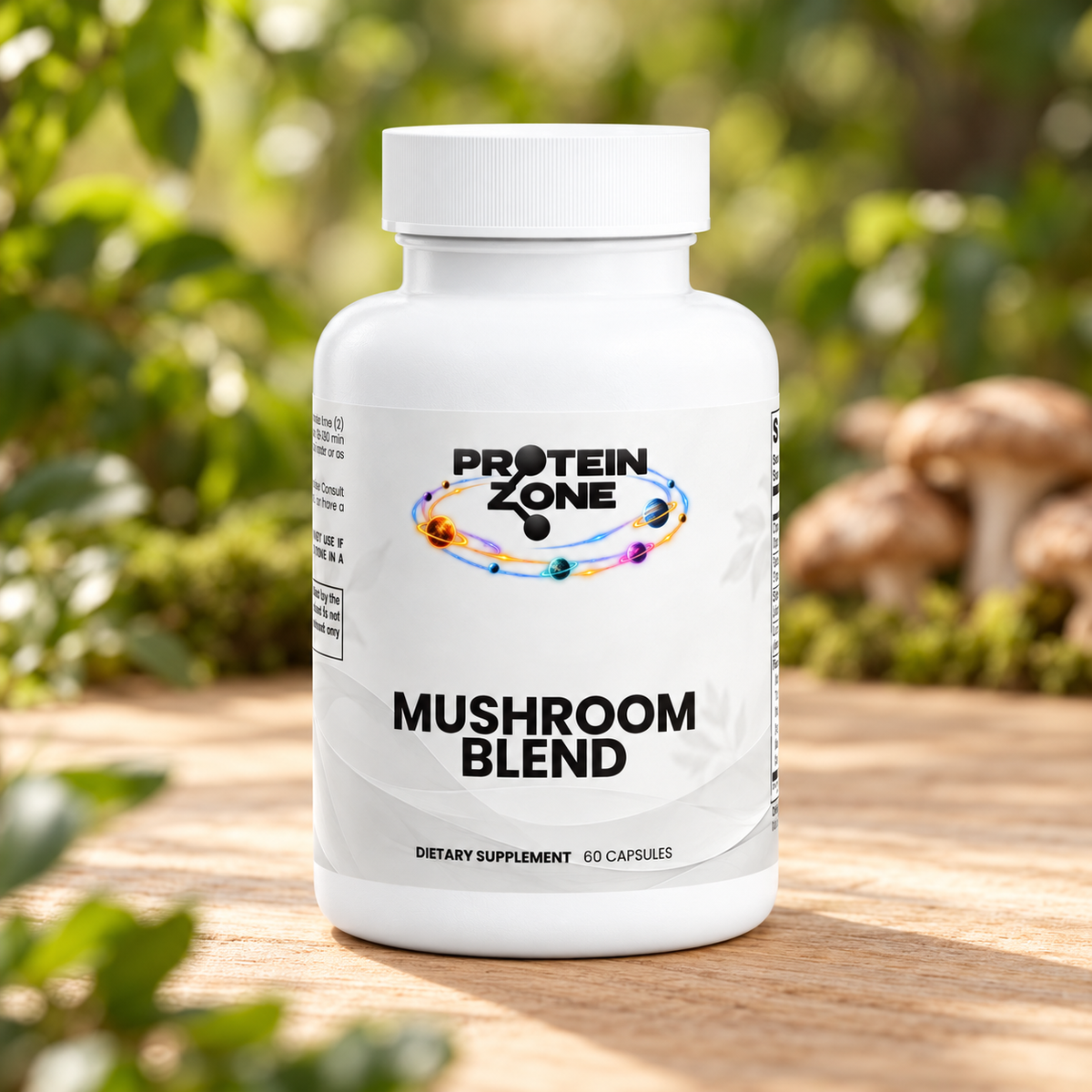 Mushroom Blend bottle in a warm natural setting