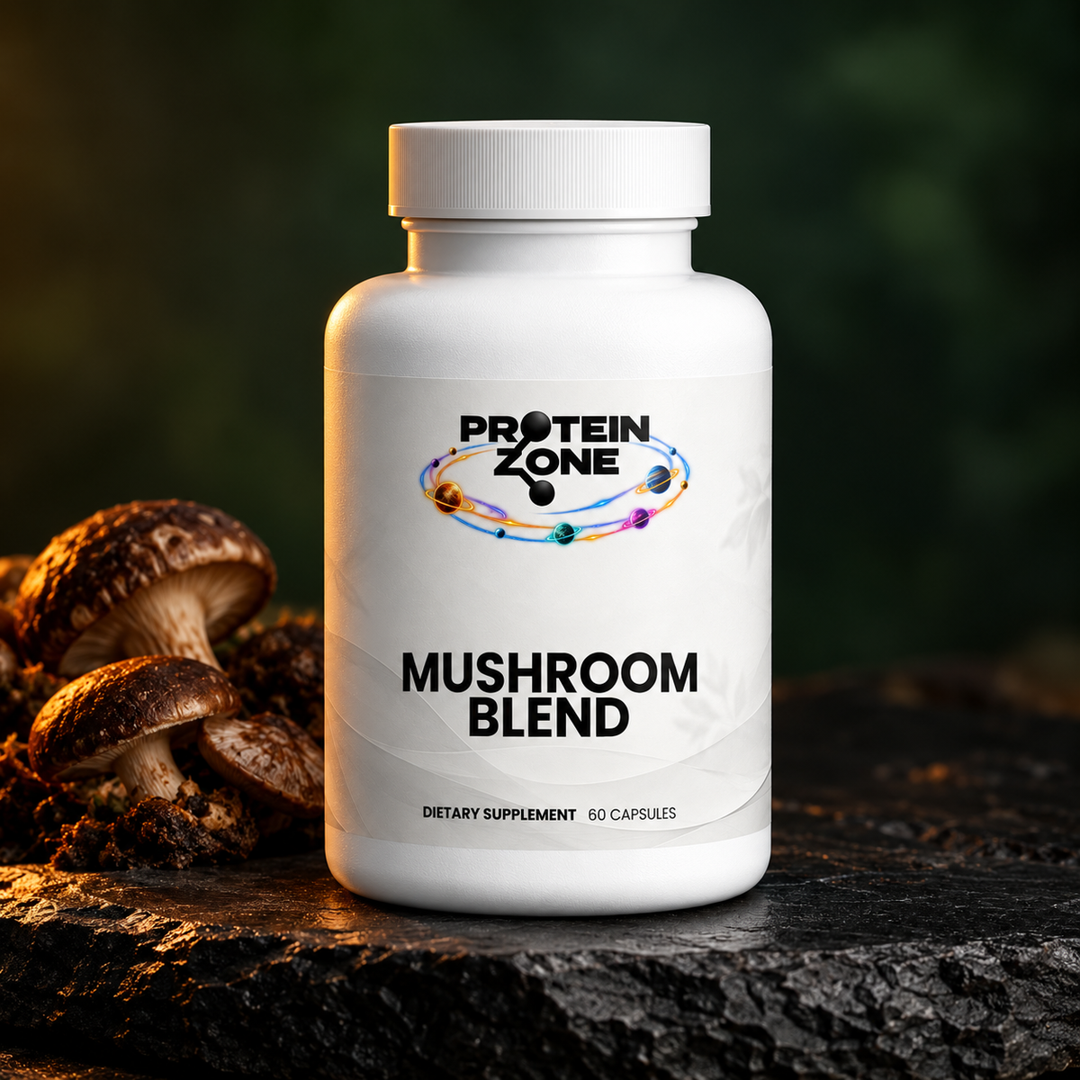 Mushroom Blend bottle in a dark studio with mushrooms