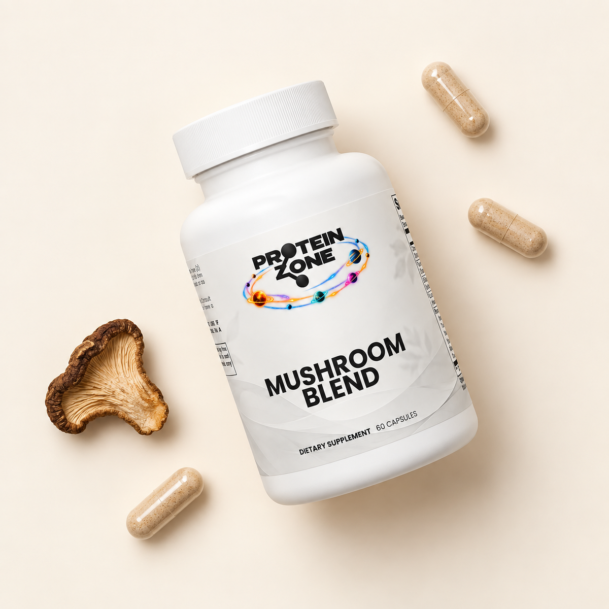 Overhead flat lay of Mushroom Blend bottle with capsules and mushroom