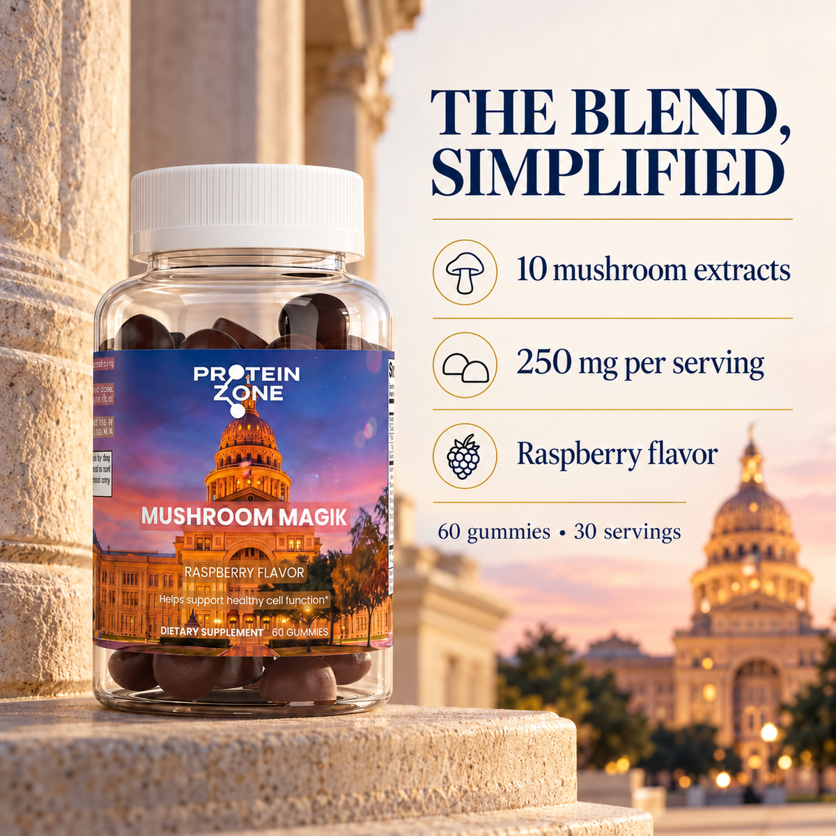Mushroom Magik blend profile: 10 mushroom extracts, 250 mg per serving, raspberry flavor, 60 gummies and 30 servings