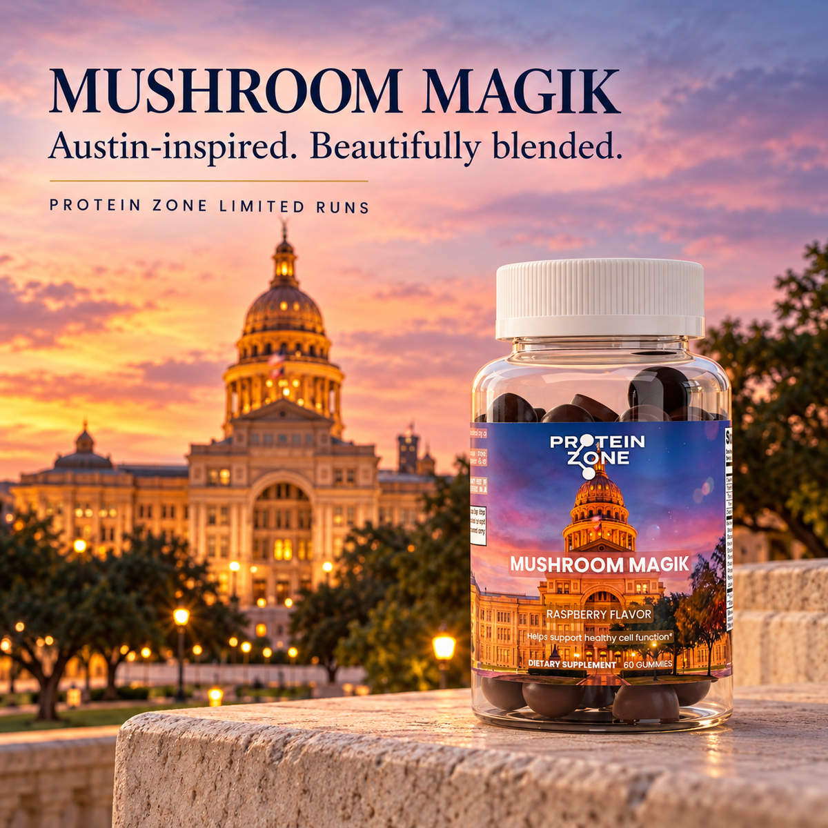 Mushroom Magik raspberry gummies with the Texas State Capitol at sunset — Protein Zone Limited Runs