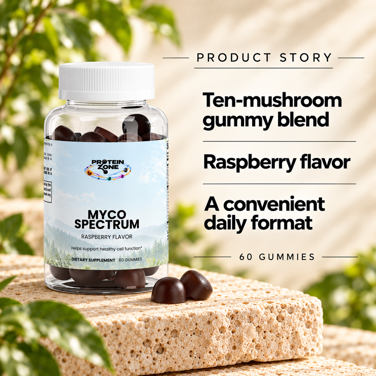 Myco Spectrum — Product Story — raspberry ten-mushroom gummies