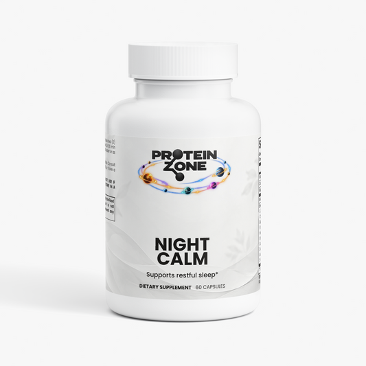 Protein Zone Night Calm supplement bottle, 60 capsules